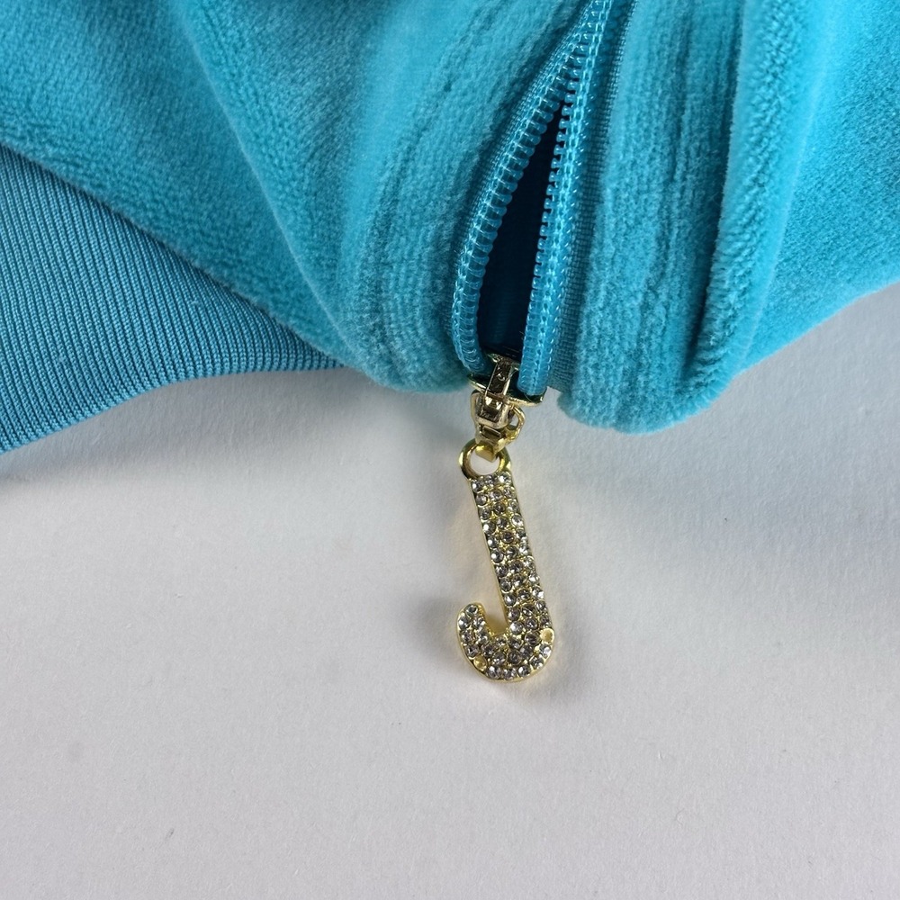 Juicy Couture Teal Velour Zip Up Hoodie Jacket Women's Medium Rhinestone Logo - Picture 6 of 12